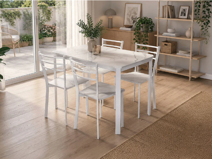 Conjunto de Mesa y 4 Sillas, Efecto Mármol Blanco y Metal. Comedor o Cocina