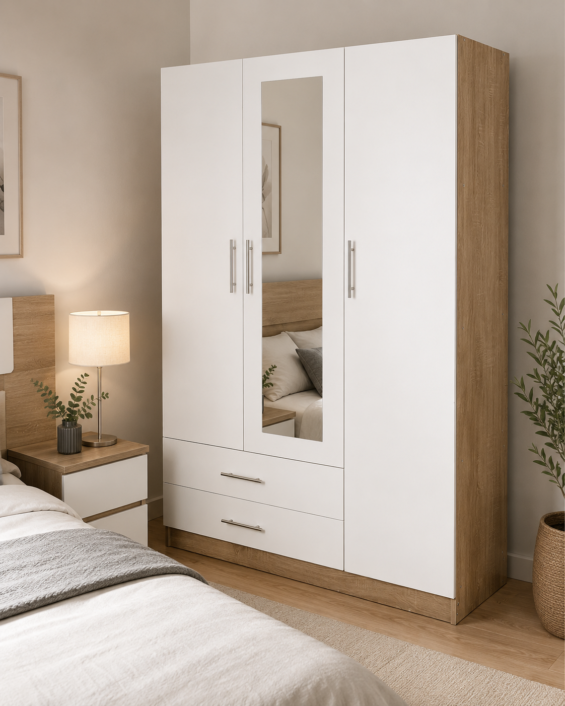 Armario de dormitorio 3 puertas con espejo y 2 cajones